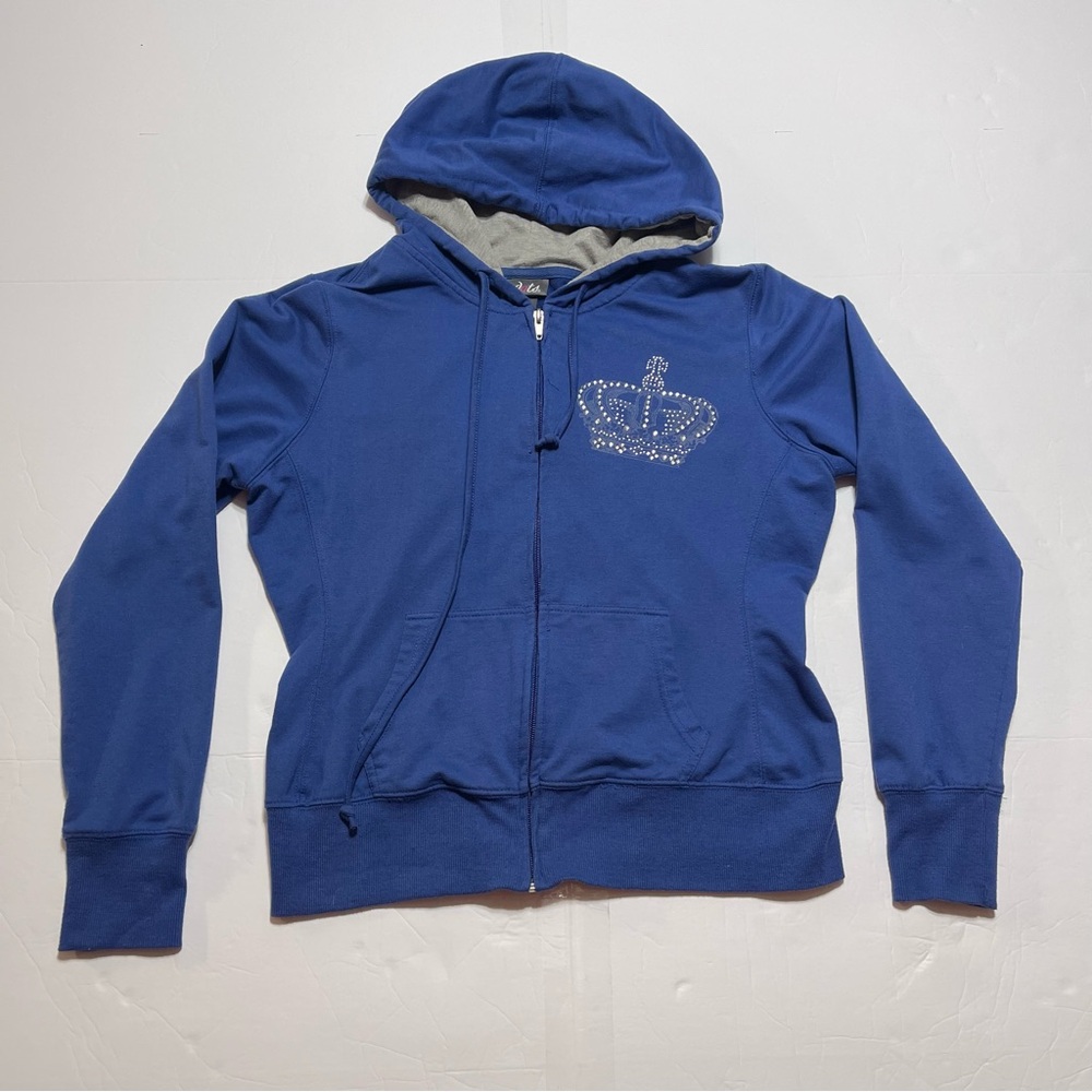 Vintage Dots Blue Zip Up Hoodie with Rhinestone Crown Junior’s Size Large Y2K